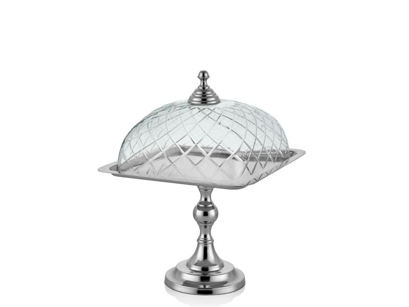 Kare Ayaklı Cam Kapaklı Kek Standı Nikel